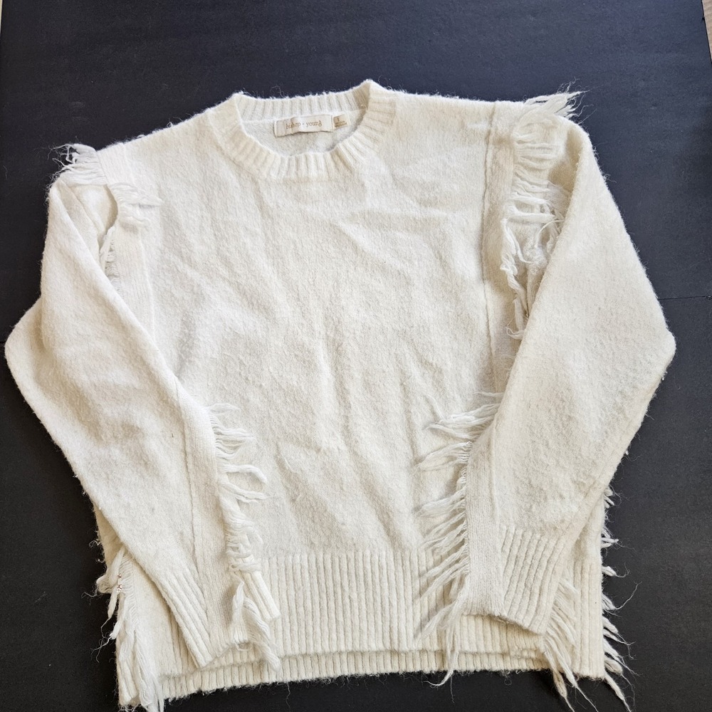 Bishop + Young Women's Small Ivory Fringe Sweater Fuzzy Crewneck Pullover